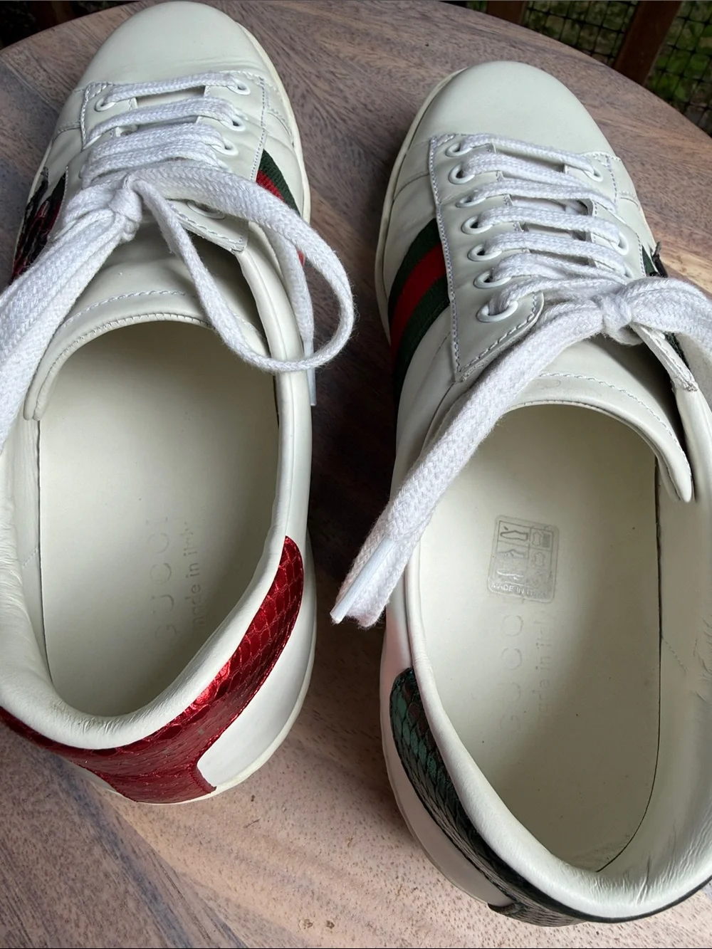Gucci White Leather Ace Sneakers with Red & Green Web and Snake Embroidery